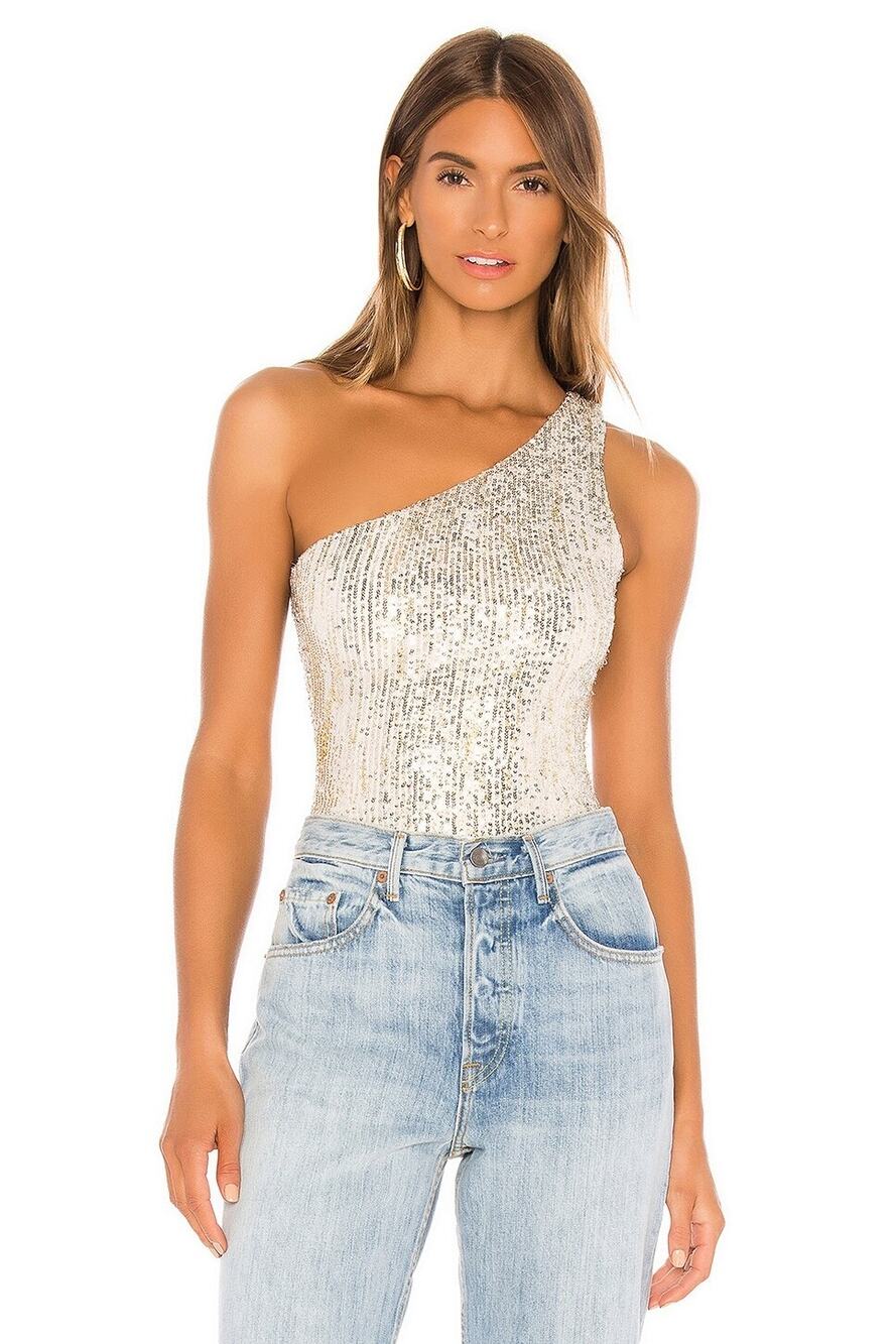 NEW Superdown White Multi Gold Sequin Remi One-shoulder Party Bodysuit M